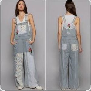 POL Boho Denim Embroidery Floral Patchwork Wide Leg Overall Jumpsuit